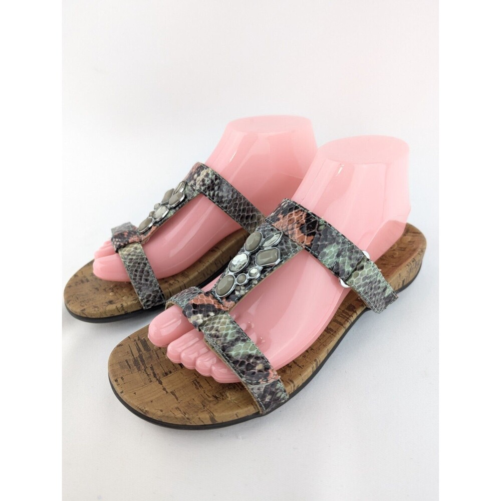 Vionic Orthaheel Viviana Jeweled Natural‎ Snake Slide Adjust Sandals Womens Sz 7